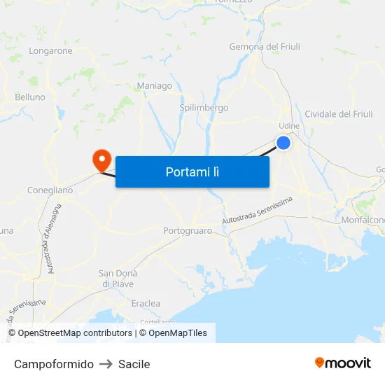 Campoformido to Sacile map