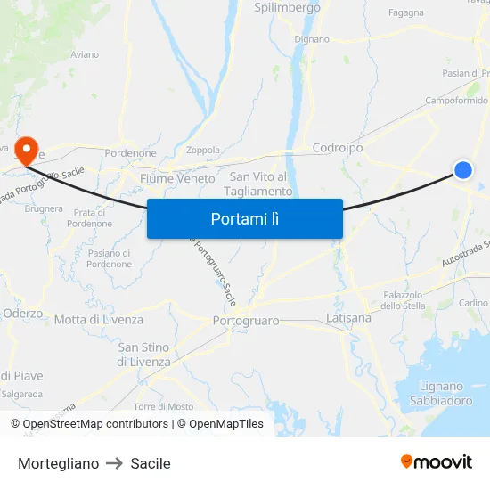 Mortegliano to Sacile map