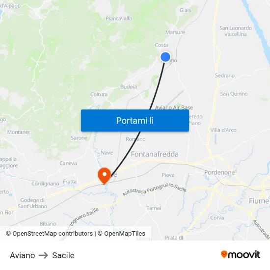 Aviano to Sacile map