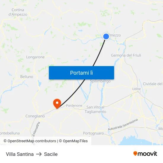 Villa Santina to Sacile map