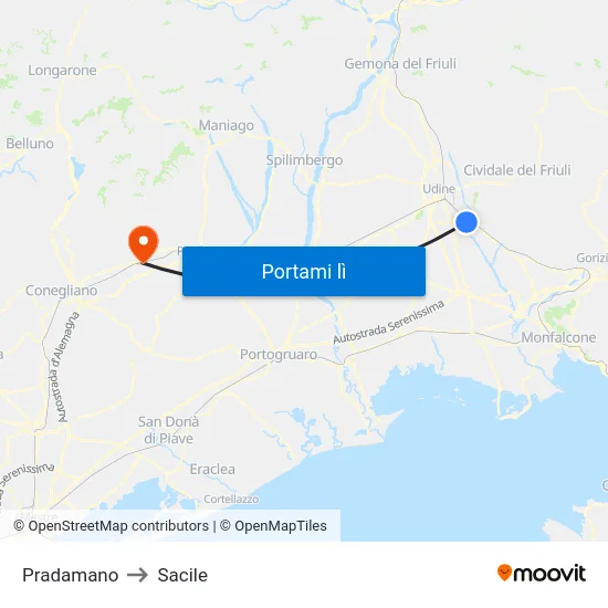 Pradamano to Sacile map