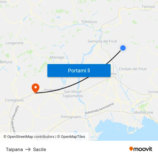 Taipana to Sacile map