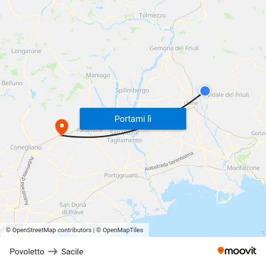 Povoletto to Sacile map