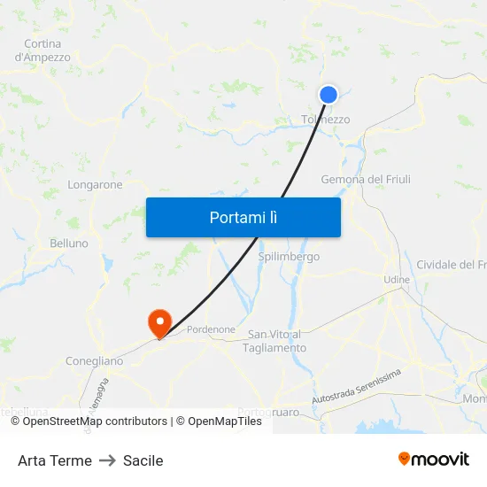 Arta Terme to Sacile map