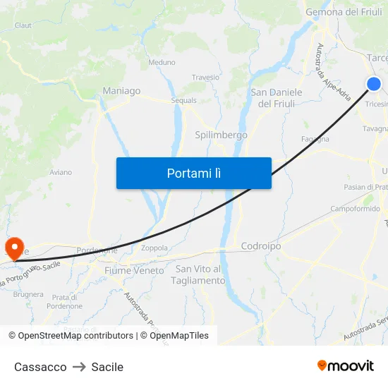 Cassacco to Sacile map