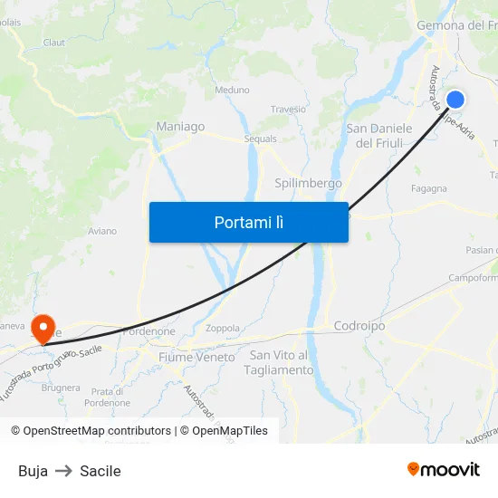 Buja to Sacile map