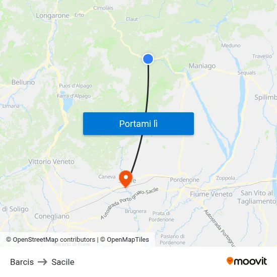 Barcis to Sacile map