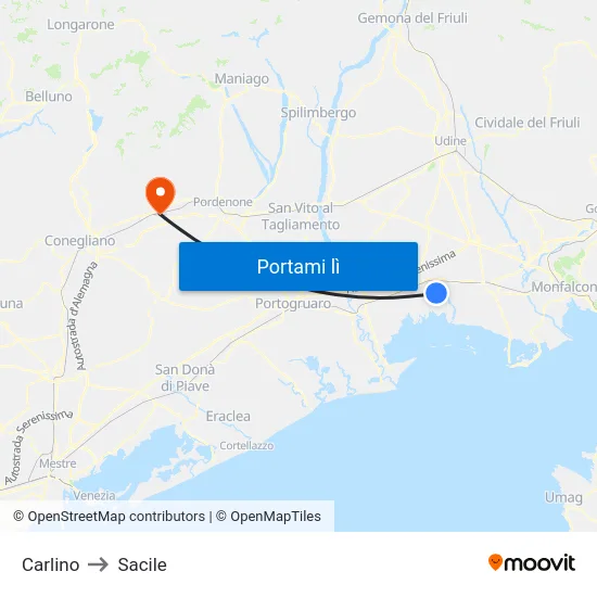 Carlino to Sacile map