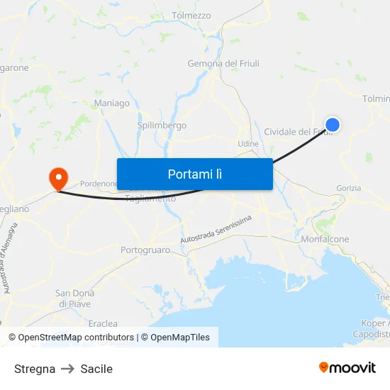 Stregna to Sacile map