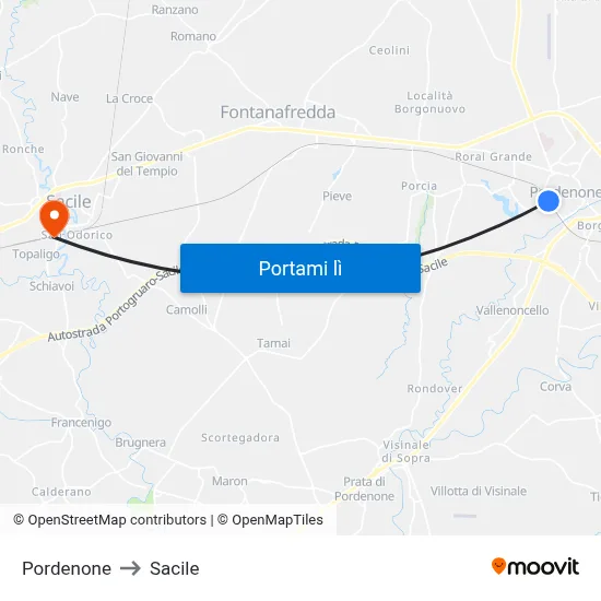 Pordenone to Sacile map