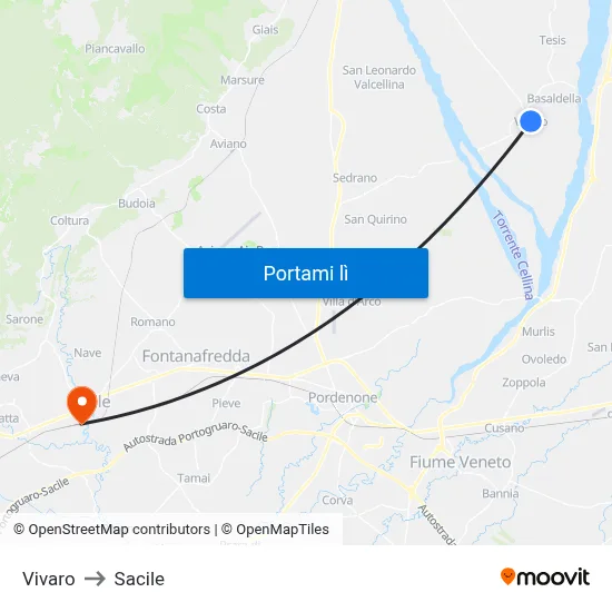 Vivaro to Sacile map