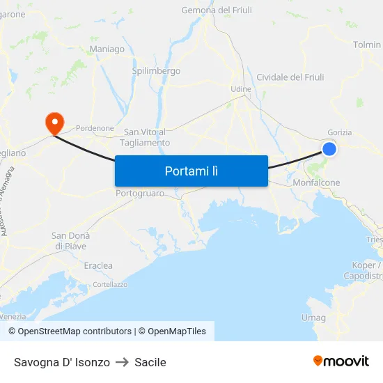 Savogna D' Isonzo to Sacile map