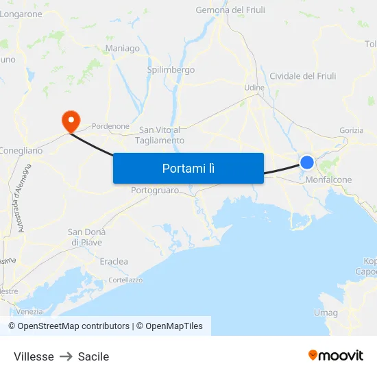 Villesse to Sacile map