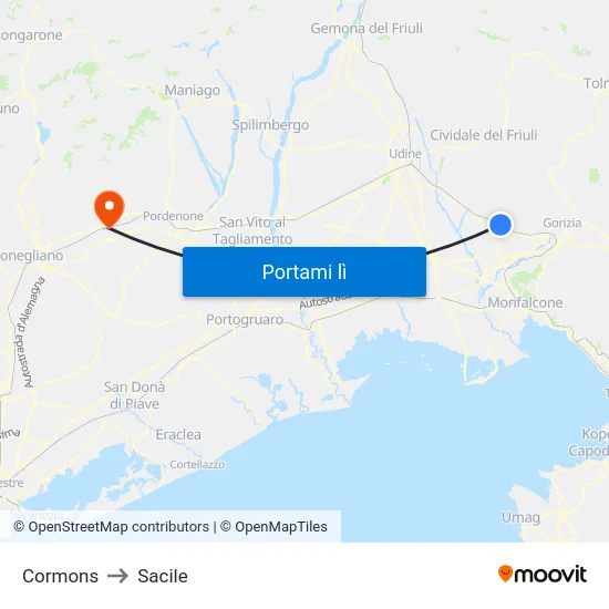 Cormons to Sacile map