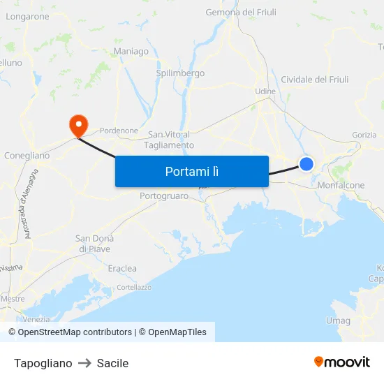Tapogliano to Sacile map