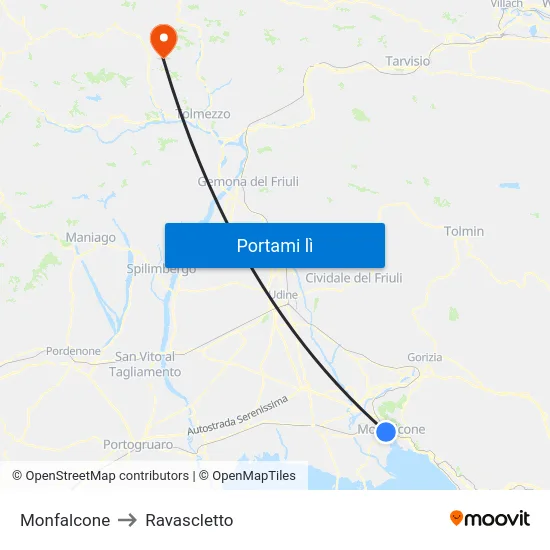 Monfalcone to Ravascletto map
