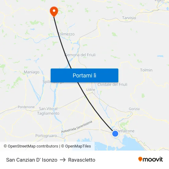 San Canzian D' Isonzo to Ravascletto map