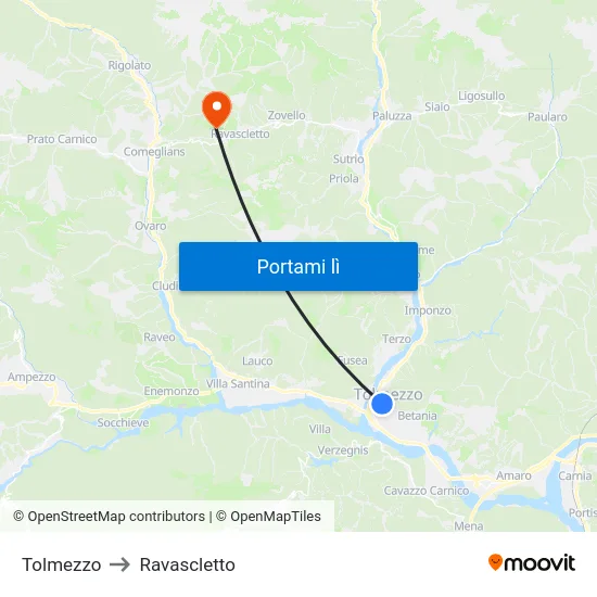 Tolmezzo to Ravascletto map