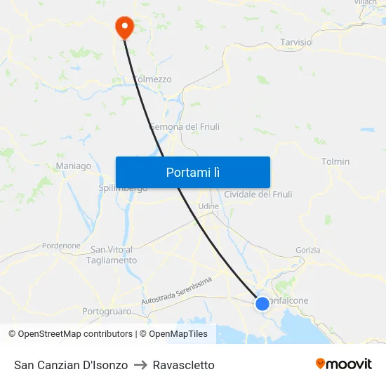 San Canzian D'Isonzo to Ravascletto map