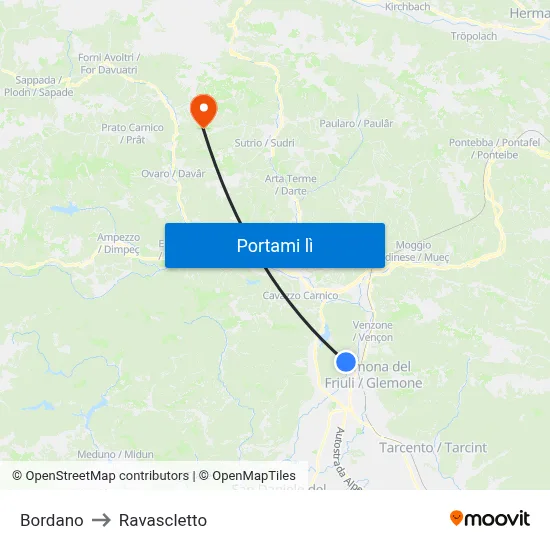 Bordano to Ravascletto map