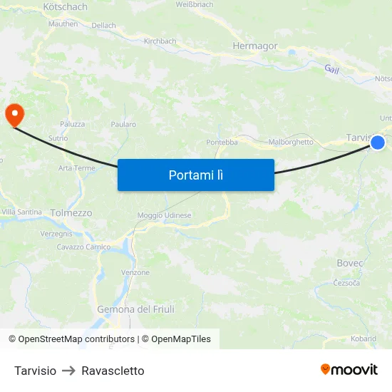 Tarvisio to Ravascletto map