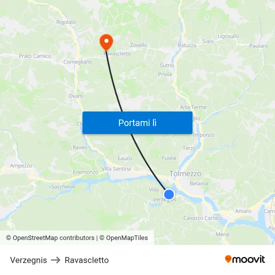 Verzegnis to Ravascletto map