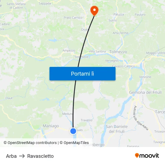 Arba to Ravascletto map