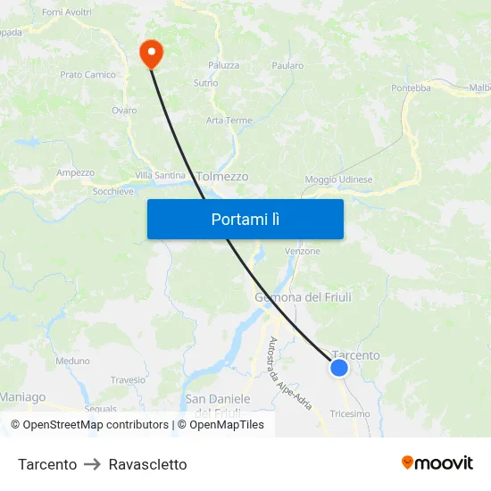 Tarcento to Ravascletto map
