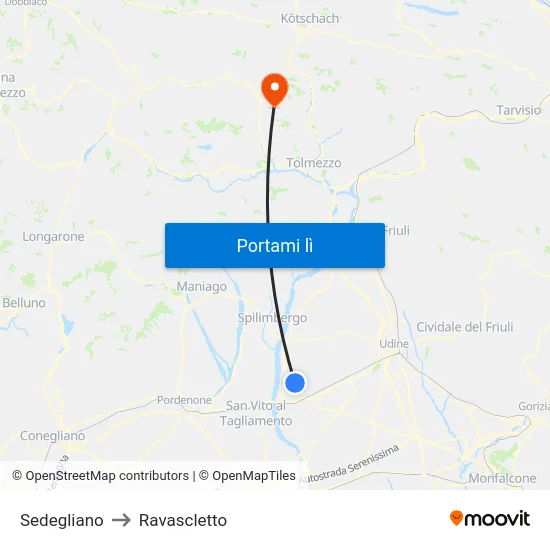 Sedegliano to Ravascletto map