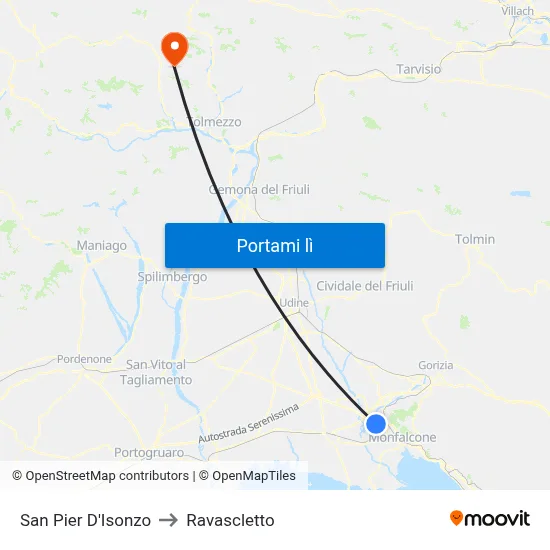 San Pier D'Isonzo to Ravascletto map