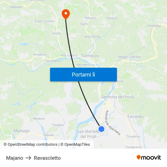 Majano to Ravascletto map