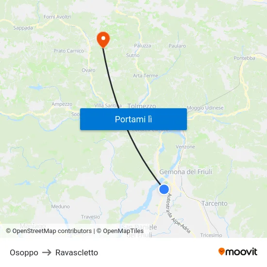 Osoppo to Ravascletto map