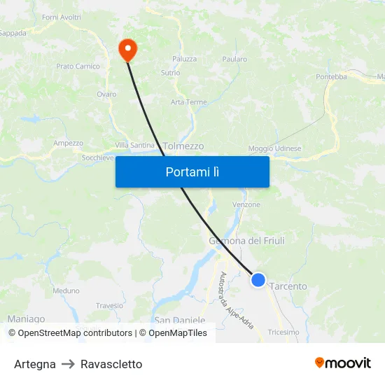 Artegna to Ravascletto map