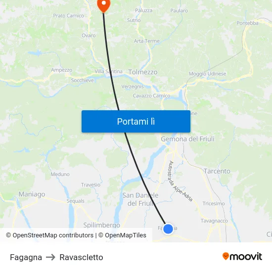 Fagagna to Ravascletto map