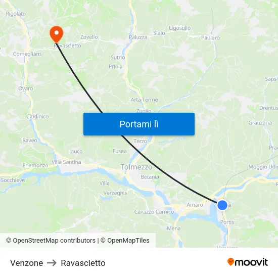Venzone to Ravascletto map