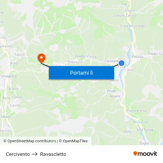Cercivento to Ravascletto map