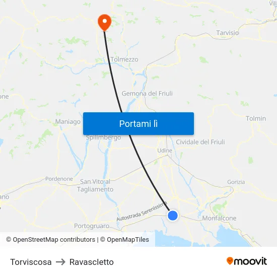 Torviscosa to Ravascletto map