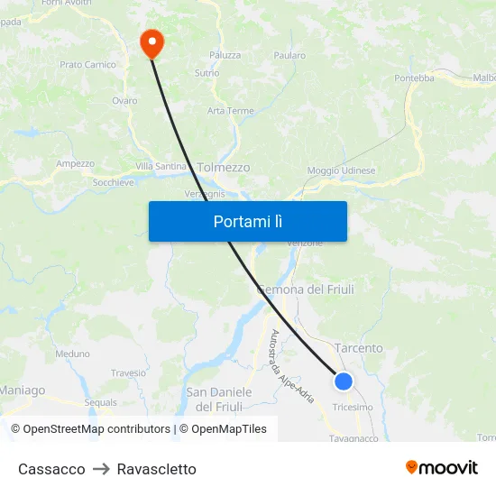 Cassacco to Ravascletto map