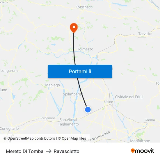 Mereto Di Tomba to Ravascletto map