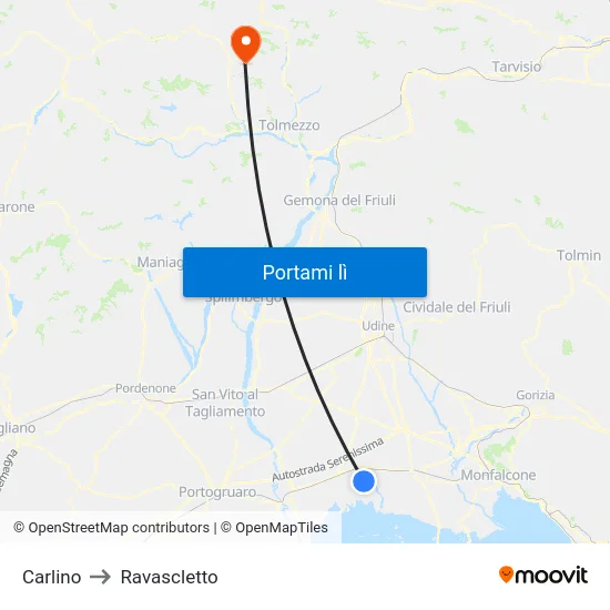 Carlino to Ravascletto map