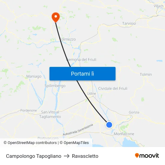 Campolongo Tapogliano to Ravascletto map