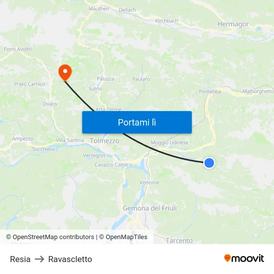 Resia to Ravascletto map