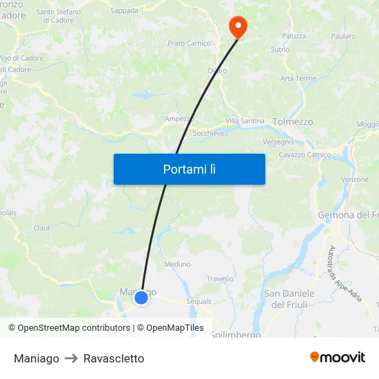 Maniago to Ravascletto map