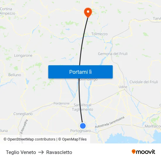 Teglio Veneto to Ravascletto map