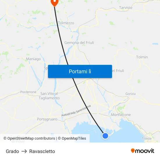 Grado to Ravascletto map