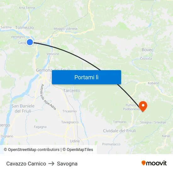 Cavazzo Carnico to Savogna map