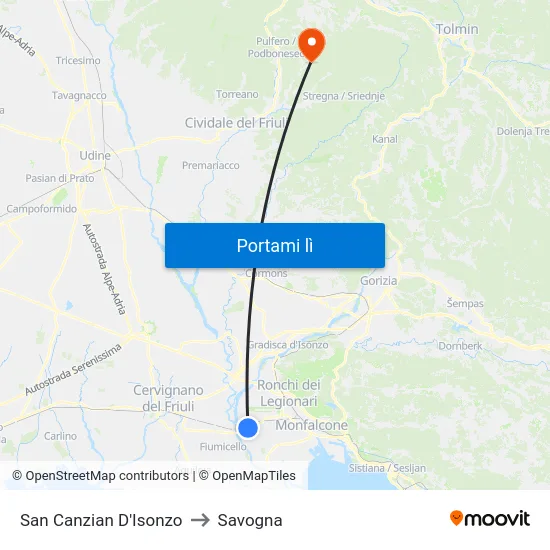 San Canzian D'Isonzo to Savogna map