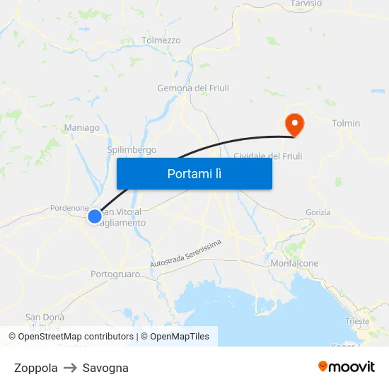 Zoppola to Savogna map