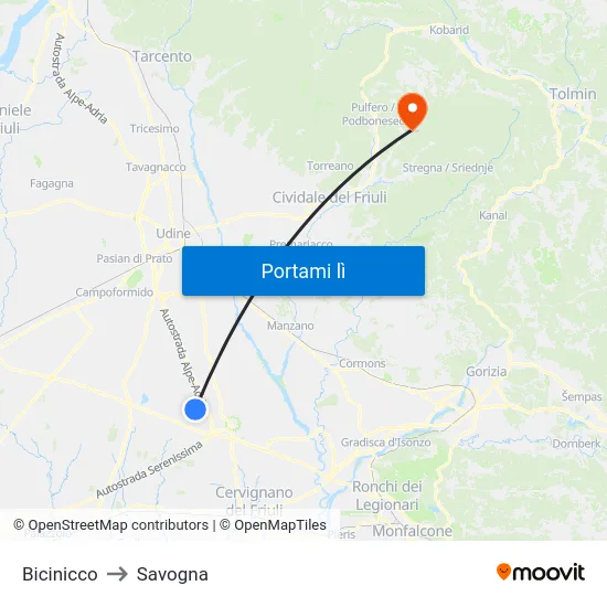 Bicinicco to Savogna map