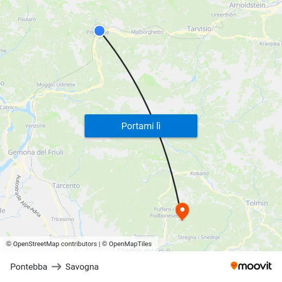 Pontebba to Savogna map